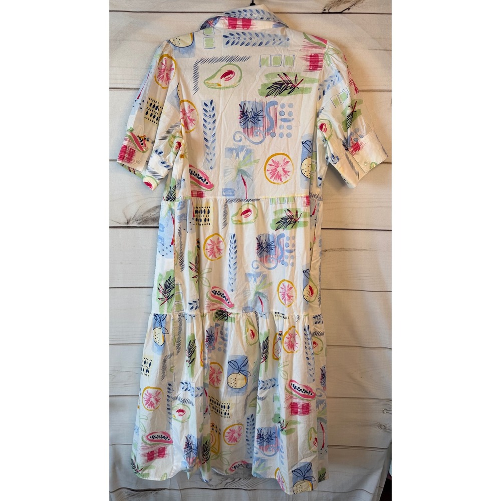 Crown & Ivy Womens Tropical Fruit Print Tiered Midi Shirt Dress White Large - Picture 5 of 5